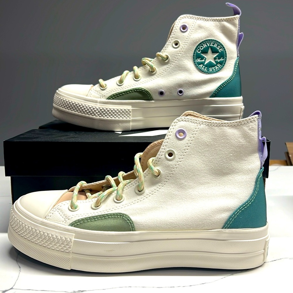 Never Worn Canvas Converse with Green and Purple Detail (size 8.5 women’s)